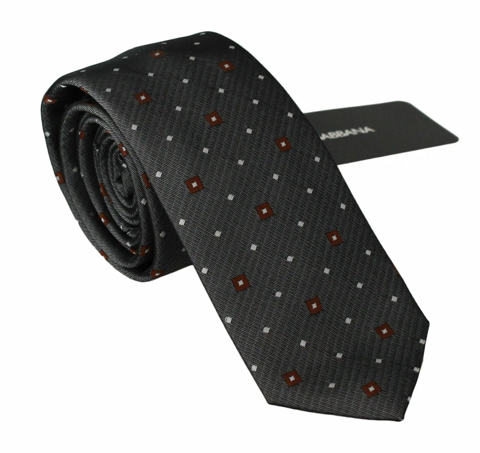 Gray slim necktie with subtle diagonal stripes and small red diamond and white dot pattern.