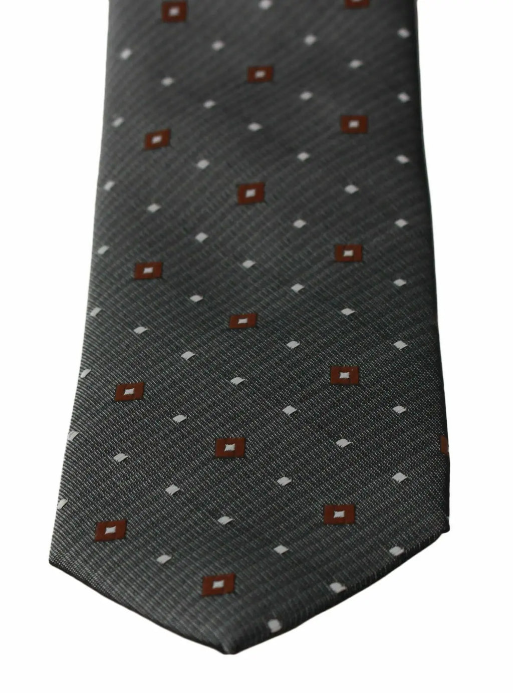 Gray slim necktie with subtle diagonal stripes and small red diamond and white dot pattern.