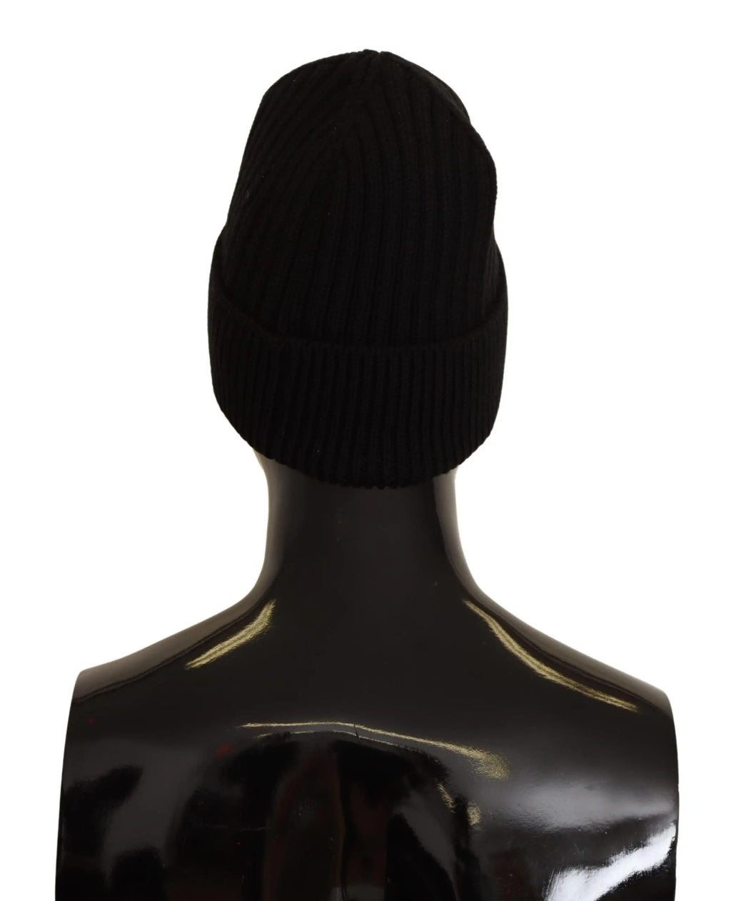 Black ribbed wool knit beanie for women with a folded cuff, shown on a glossy black mannequin head and shoulders.