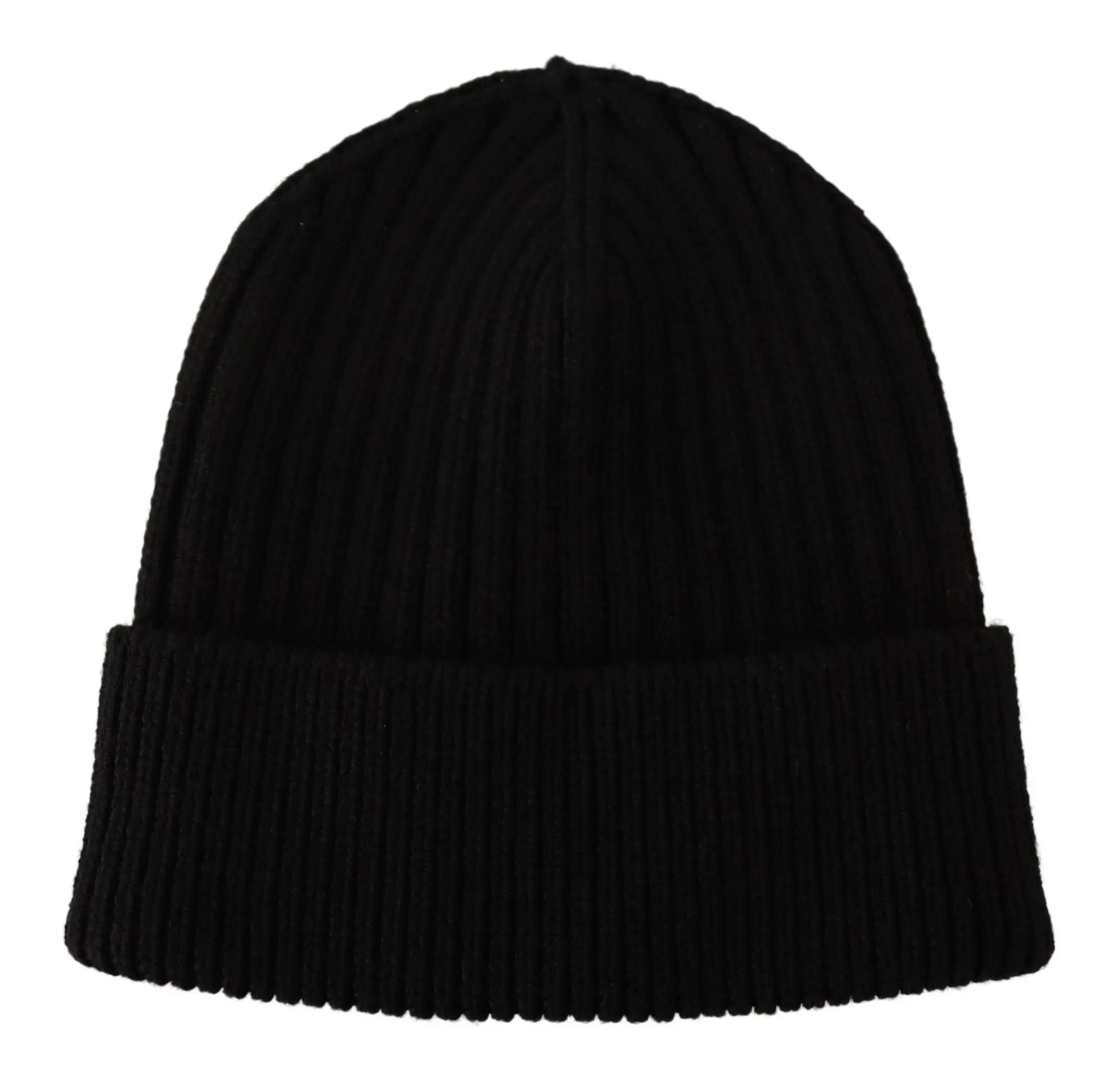 Black ribbed wool knit beanie for women with a folded cuff, shown on a glossy black mannequin head and shoulders.