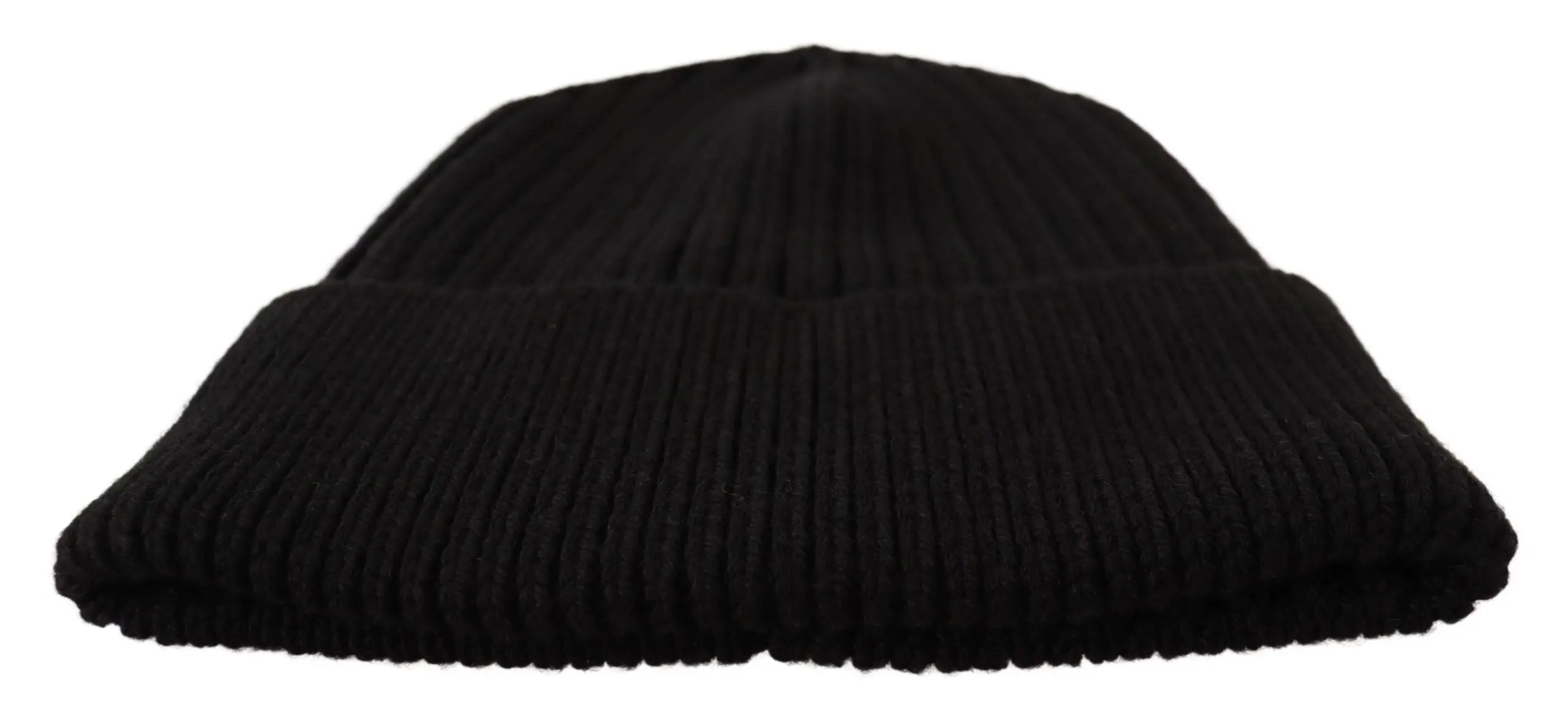 Black ribbed wool knit beanie for women with a folded cuff, shown on a glossy black mannequin head and shoulders.