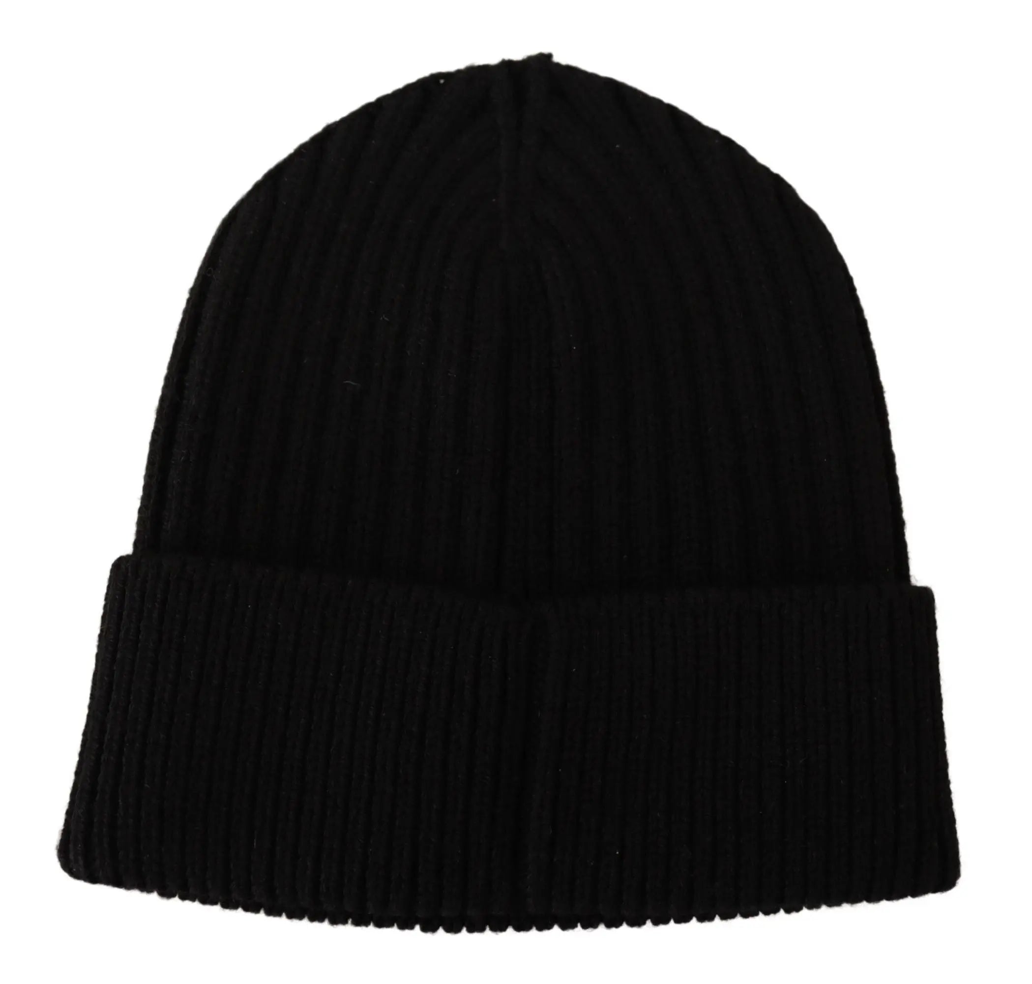Black ribbed wool knit beanie for women with a folded cuff, shown on a glossy black mannequin head and shoulders.