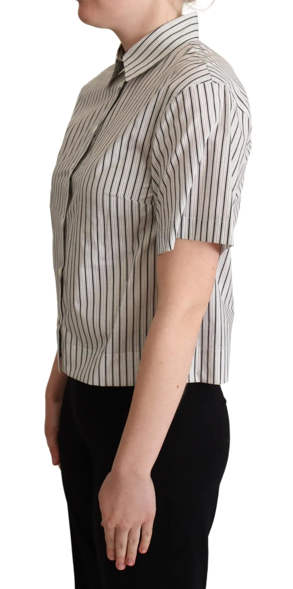 White short-sleeve collared shirt with thin black vertical stripes and button front.