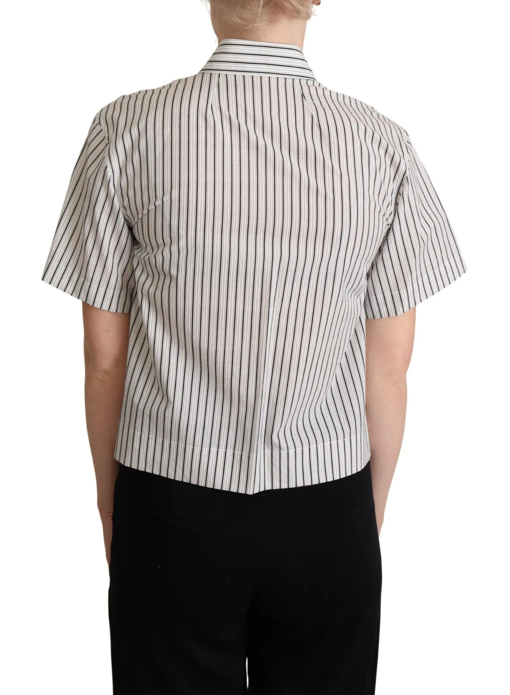 White short-sleeve collared shirt with thin black vertical stripes and button front.