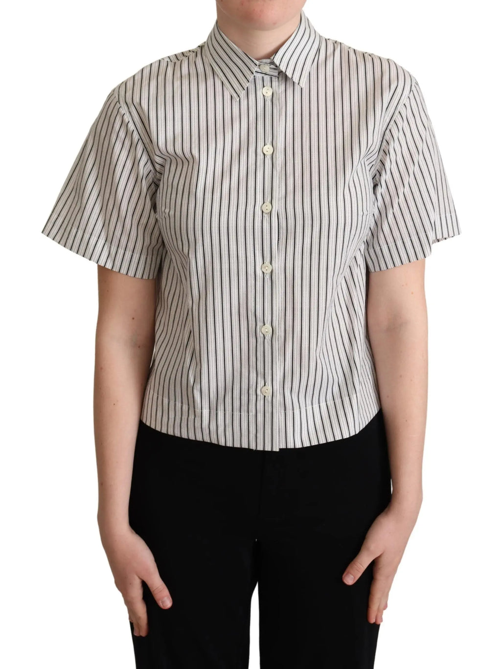 White short-sleeve collared shirt with thin black vertical stripes and button front.