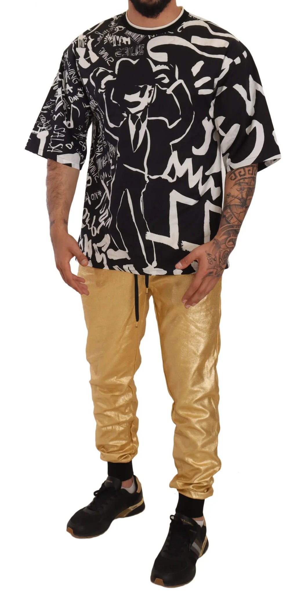 Gold cotton jogger pants with black elastic waistband and cuffs, slim fit design.
