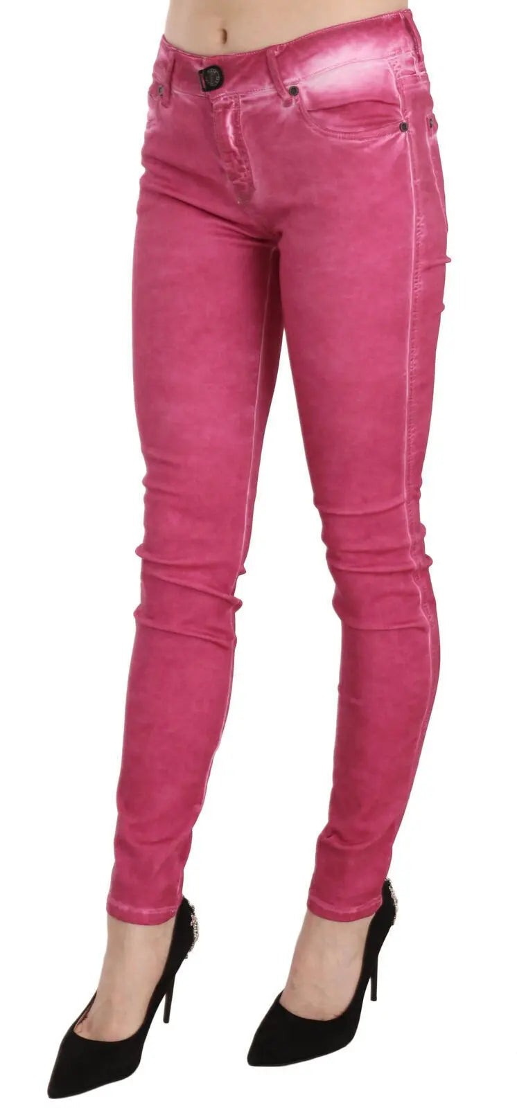 Pink velvet mid-rise skinny trousers with front pockets and button closure.