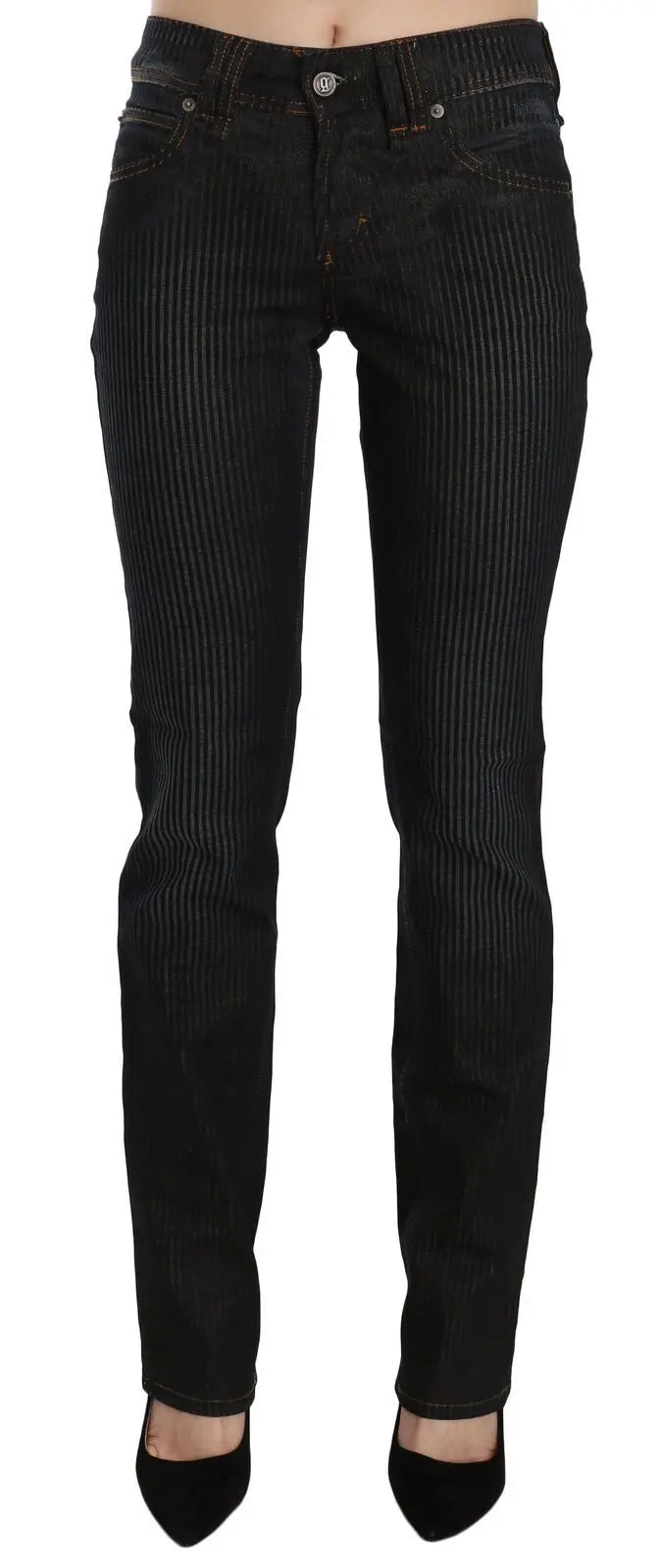 Black mid waist slim fit corduroy denim pants with classic five-pocket design and button closure.