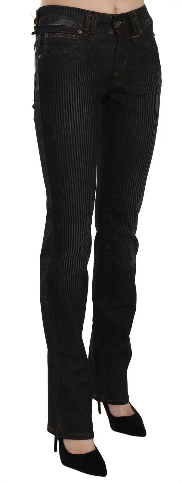 Black mid waist slim fit corduroy denim pants with classic five-pocket design and button closure.