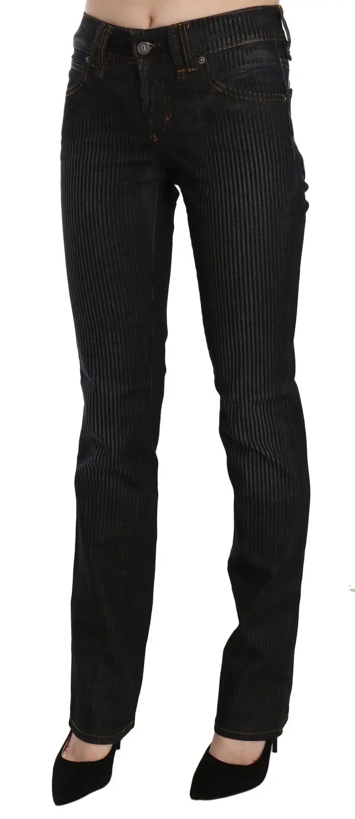 Black mid waist slim fit corduroy denim pants with classic five-pocket design and button closure.