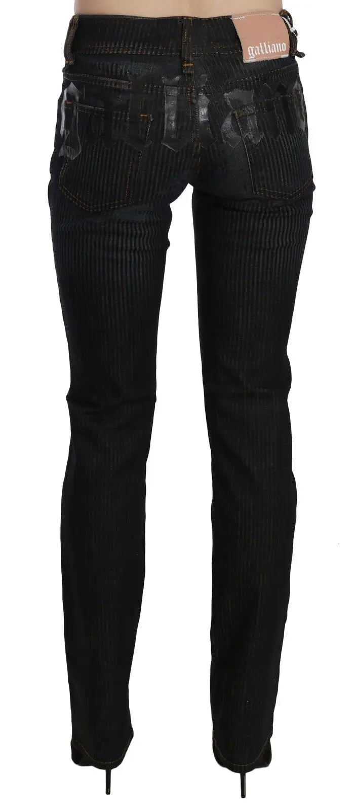 Black mid waist slim fit corduroy denim pants with classic five-pocket design and button closure.