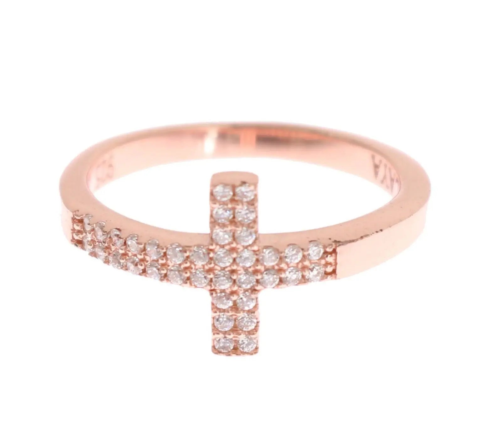 Pink gold plated 925 silver women's ring with cross encrusted in clear CZ crystals.