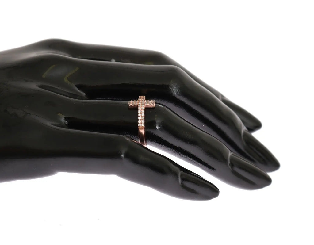 Pink gold plated 925 silver women's ring with cross encrusted in clear CZ crystals.