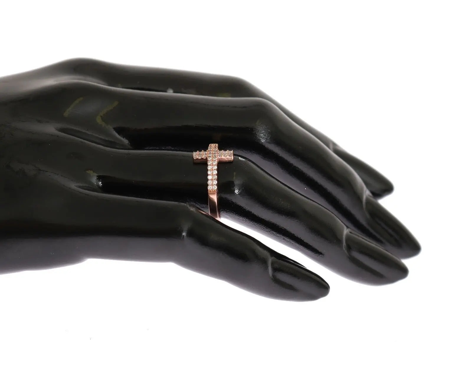 Pink gold plated 925 silver women's ring with cross encrusted in clear CZ crystals.