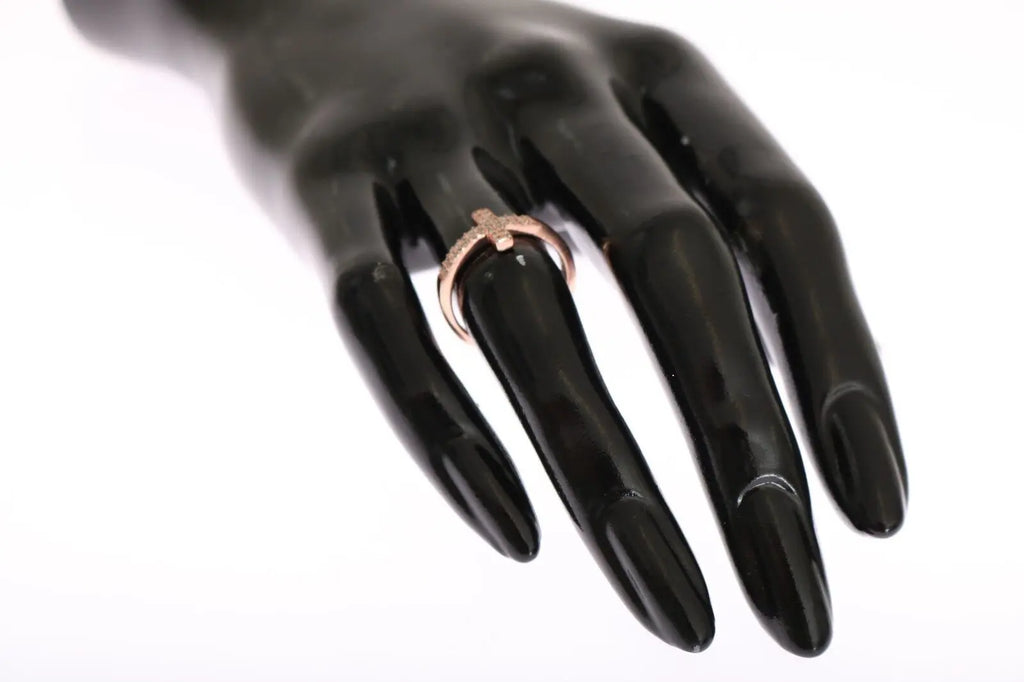 Pink gold plated 925 silver women's ring with cross encrusted in clear CZ crystals.