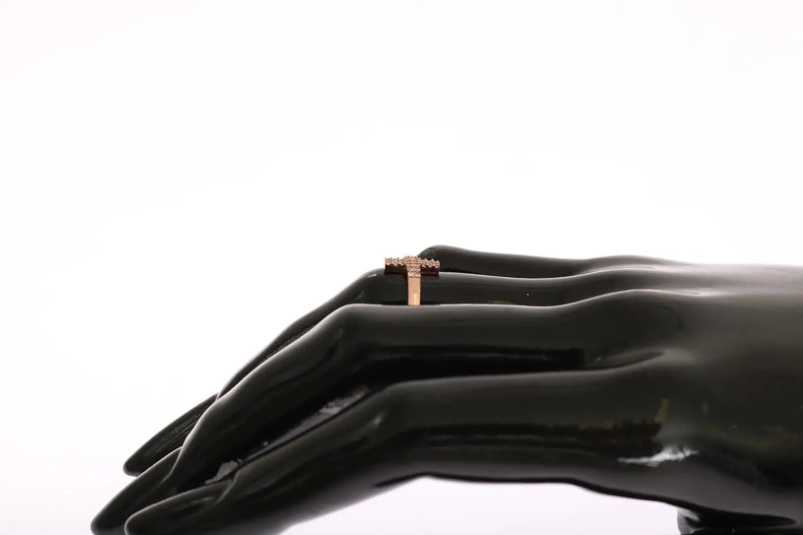 Pink gold plated 925 silver women's ring with cross encrusted in clear CZ crystals.