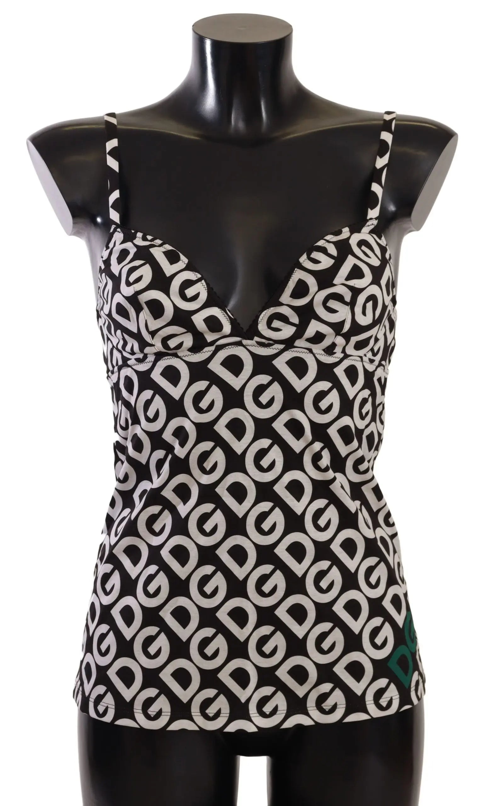 Black and white logo print camisole top with thin straps and fitted silhouette.