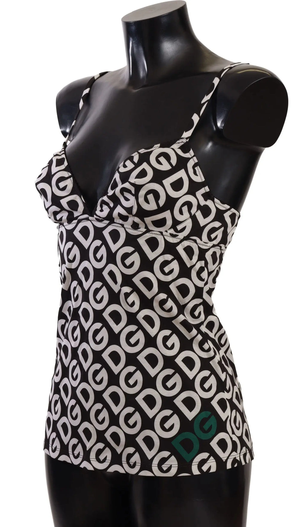 Black and white logo print camisole top with thin straps and fitted silhouette.