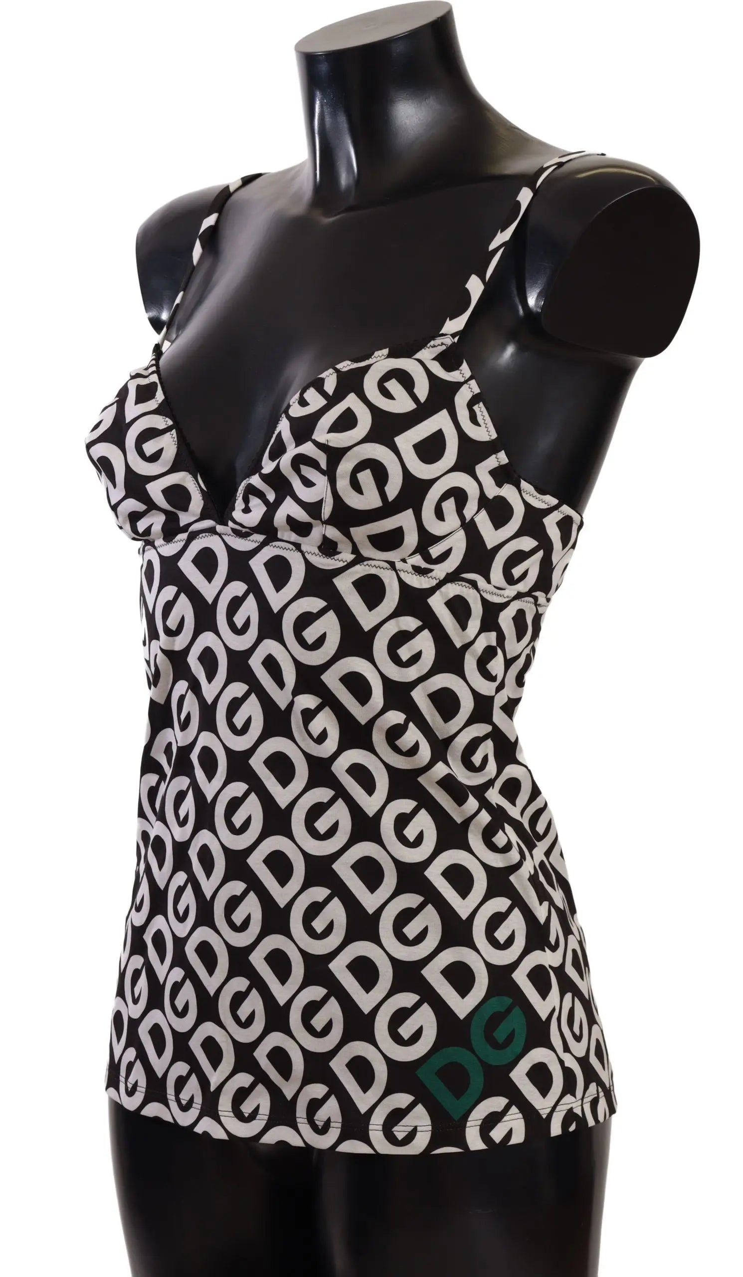 Black and white logo print camisole top with thin straps and fitted silhouette.