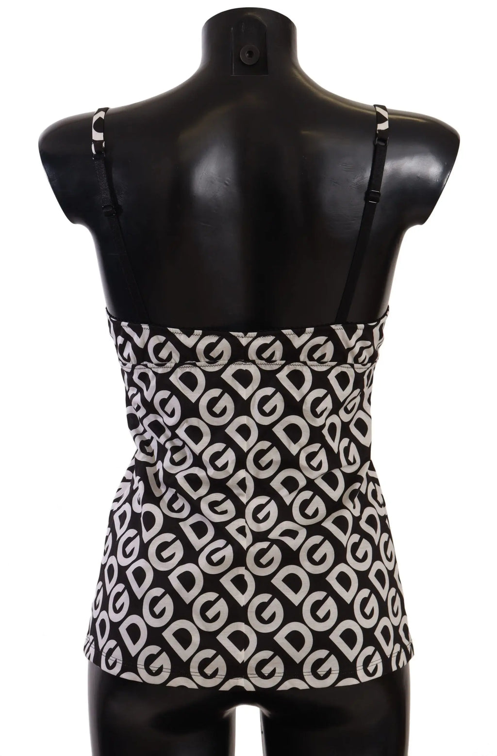 Black and white logo print camisole top with thin straps and fitted silhouette.