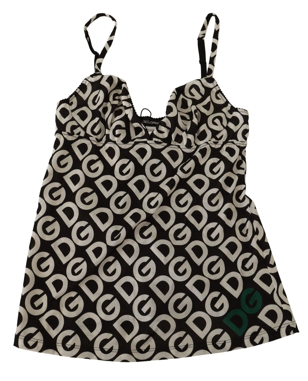 Black and white logo print camisole top with thin straps and fitted silhouette.