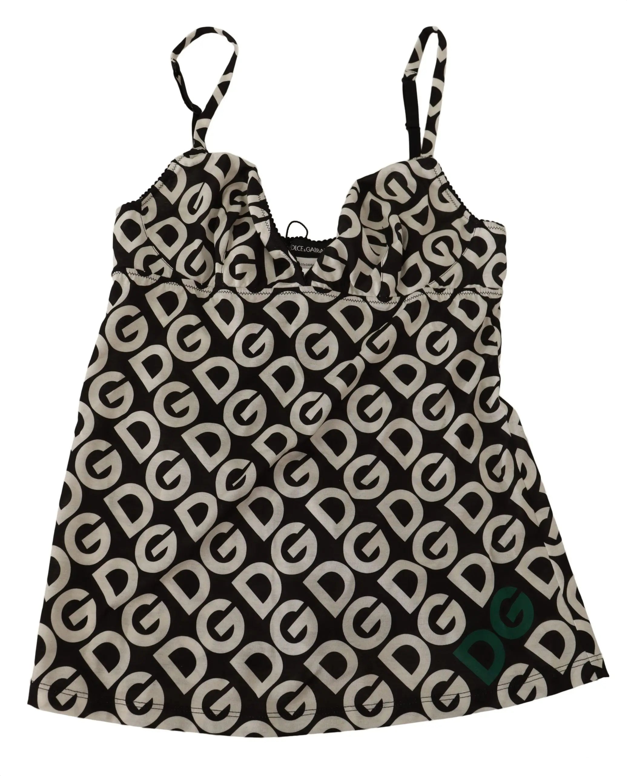 Black and white logo print camisole top with thin straps and fitted silhouette.