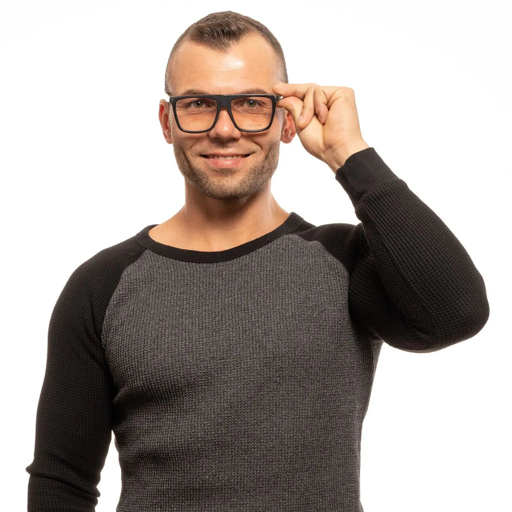 Black rectangular plastic glasses frames with signature detail on the lens and solid temples.