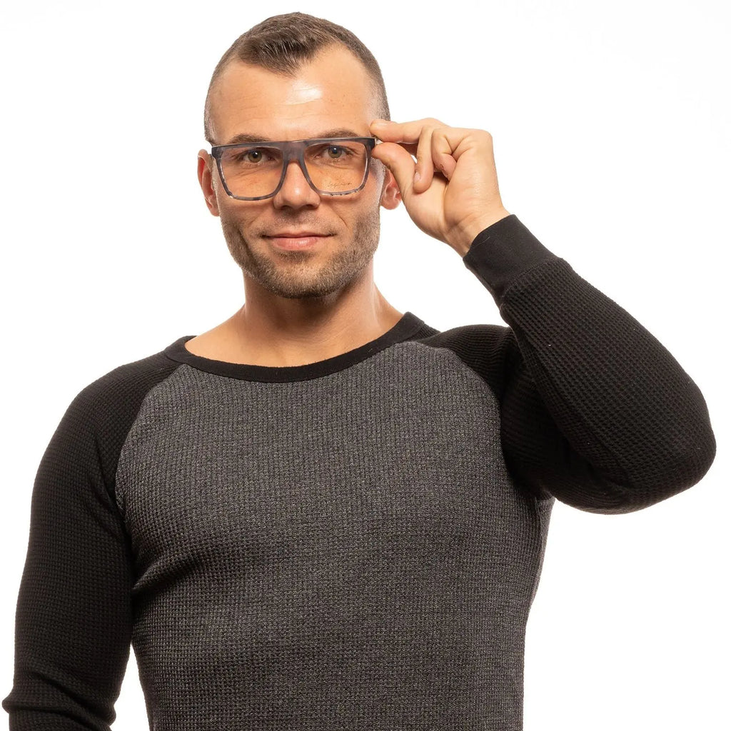 Gray translucent plastic rectangular glasses frames with black temple tips and blue inner arms.