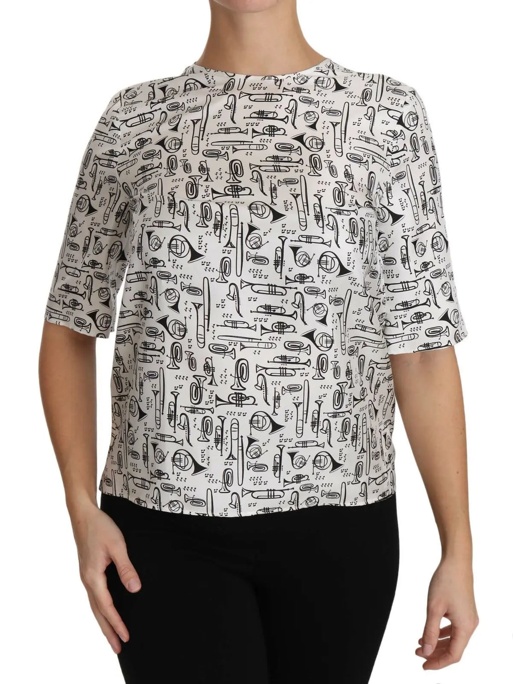 White silk blouse with black musical instrument sketches, short sleeves, crew neck, relaxed fit.
