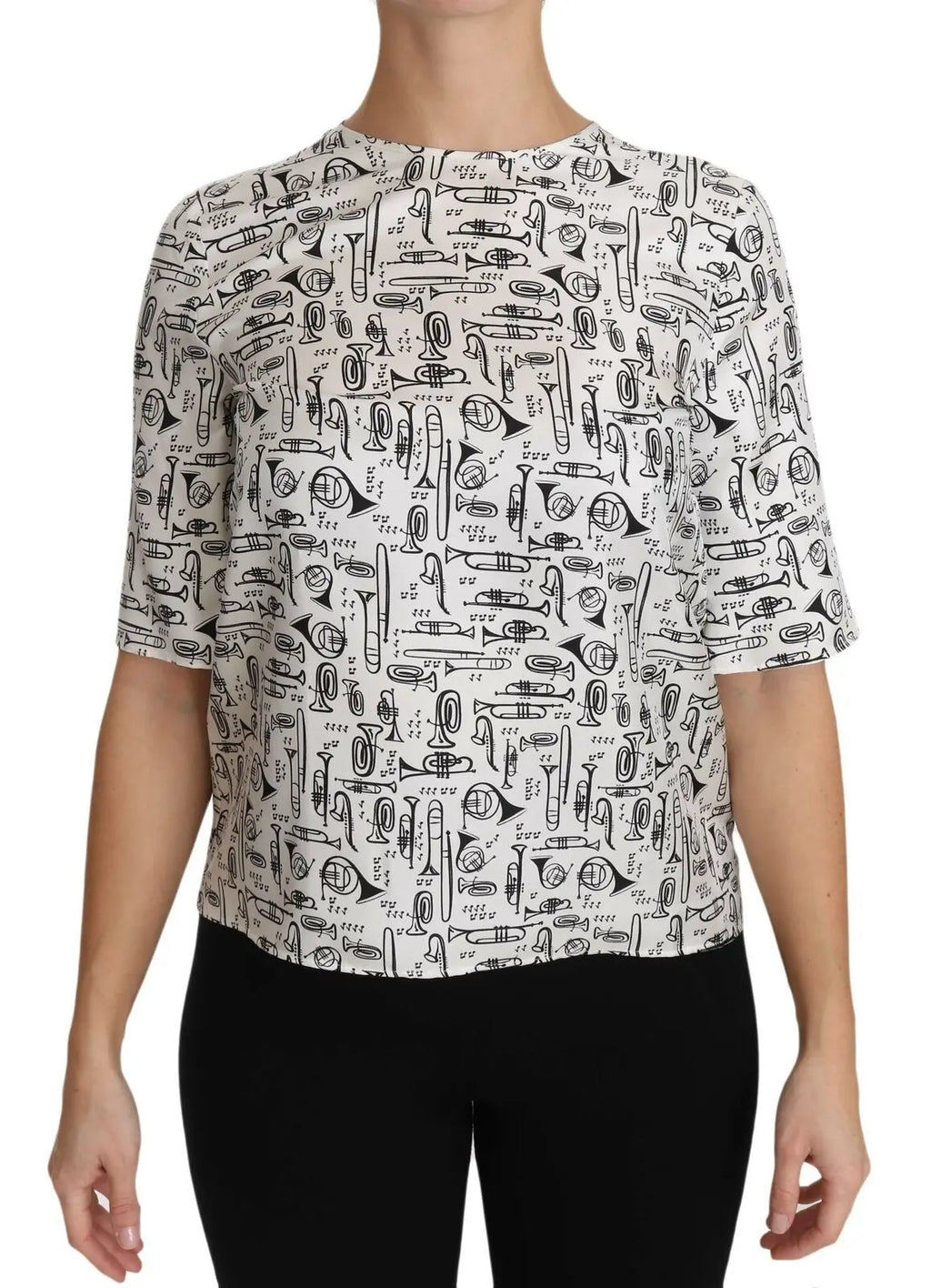 White silk blouse with black musical instrument sketches, short sleeves, crew neck, relaxed fit.