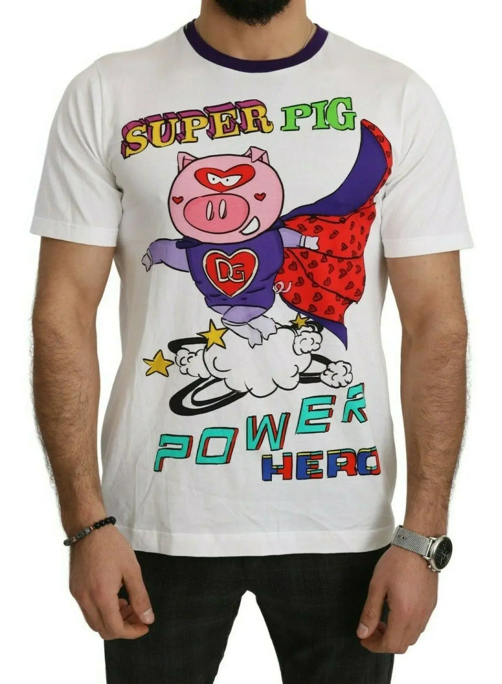 White cotton T-shirt with colorful Super Pig superhero graphic and bold text on front.