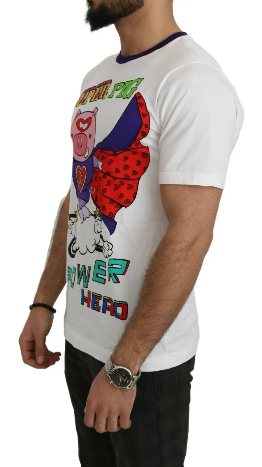 White cotton T-shirt with colorful Super Pig superhero graphic and bold text on front.