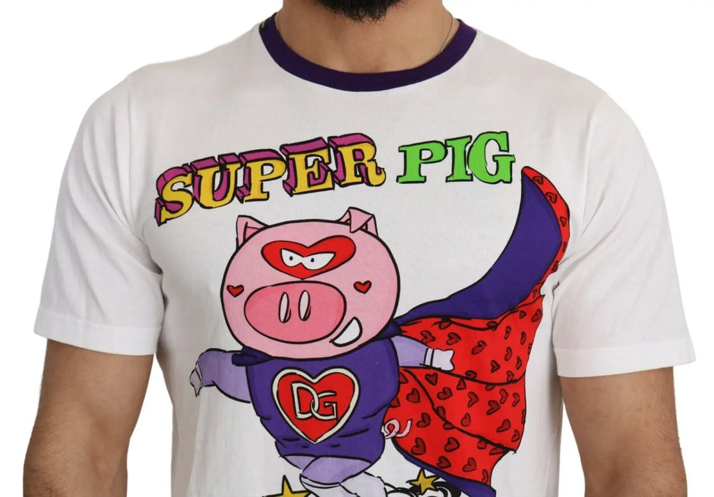 White cotton T-shirt with colorful Super Pig superhero graphic and bold text on front.