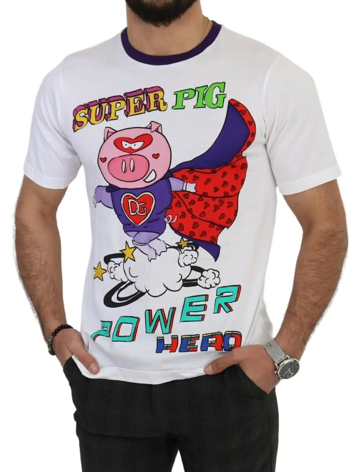 White cotton T-shirt with colorful Super Pig superhero graphic and bold text on front.