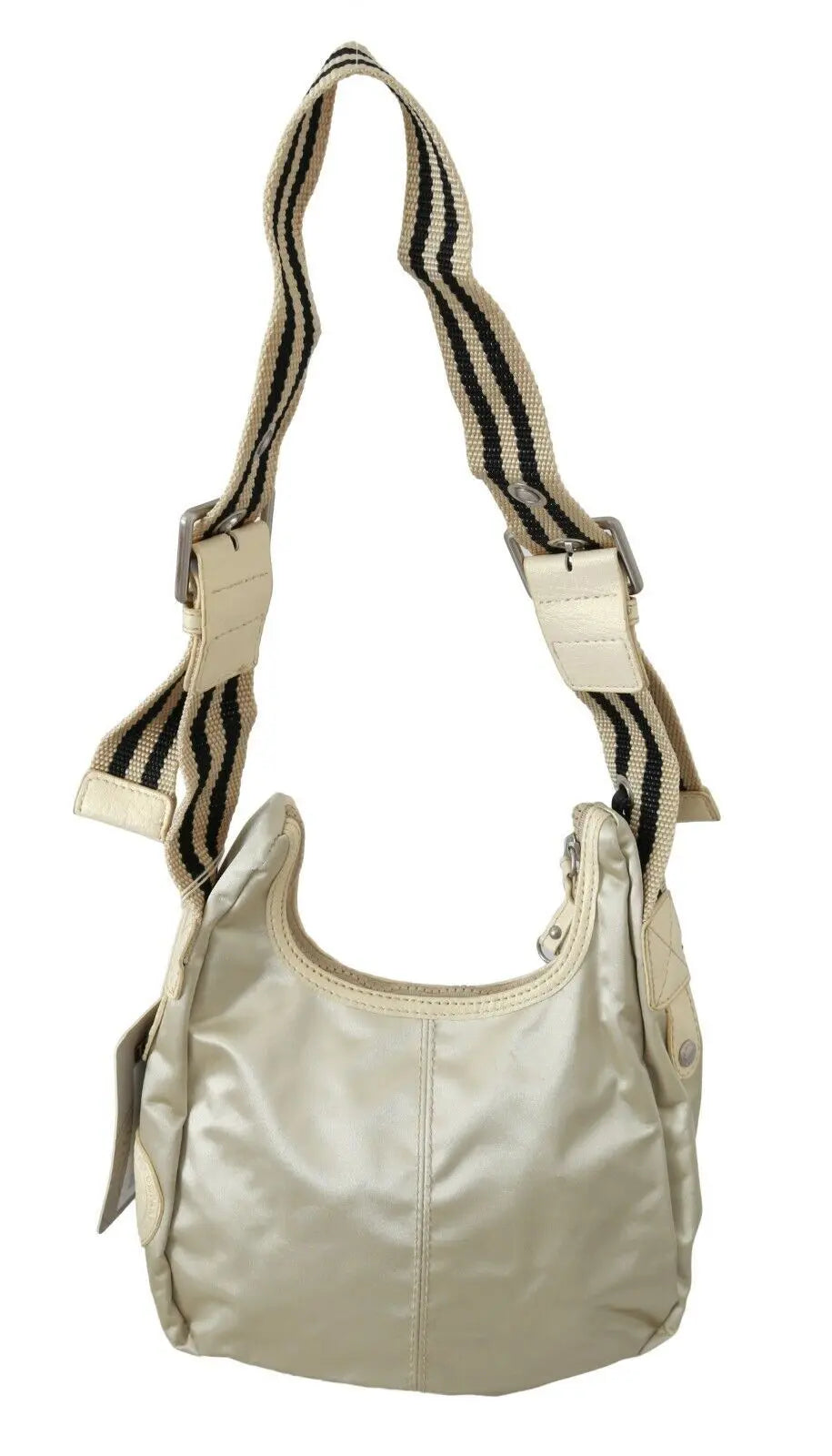 White fabric crossbody sling bag with beige trim and adjustable striped shoulder strap.
