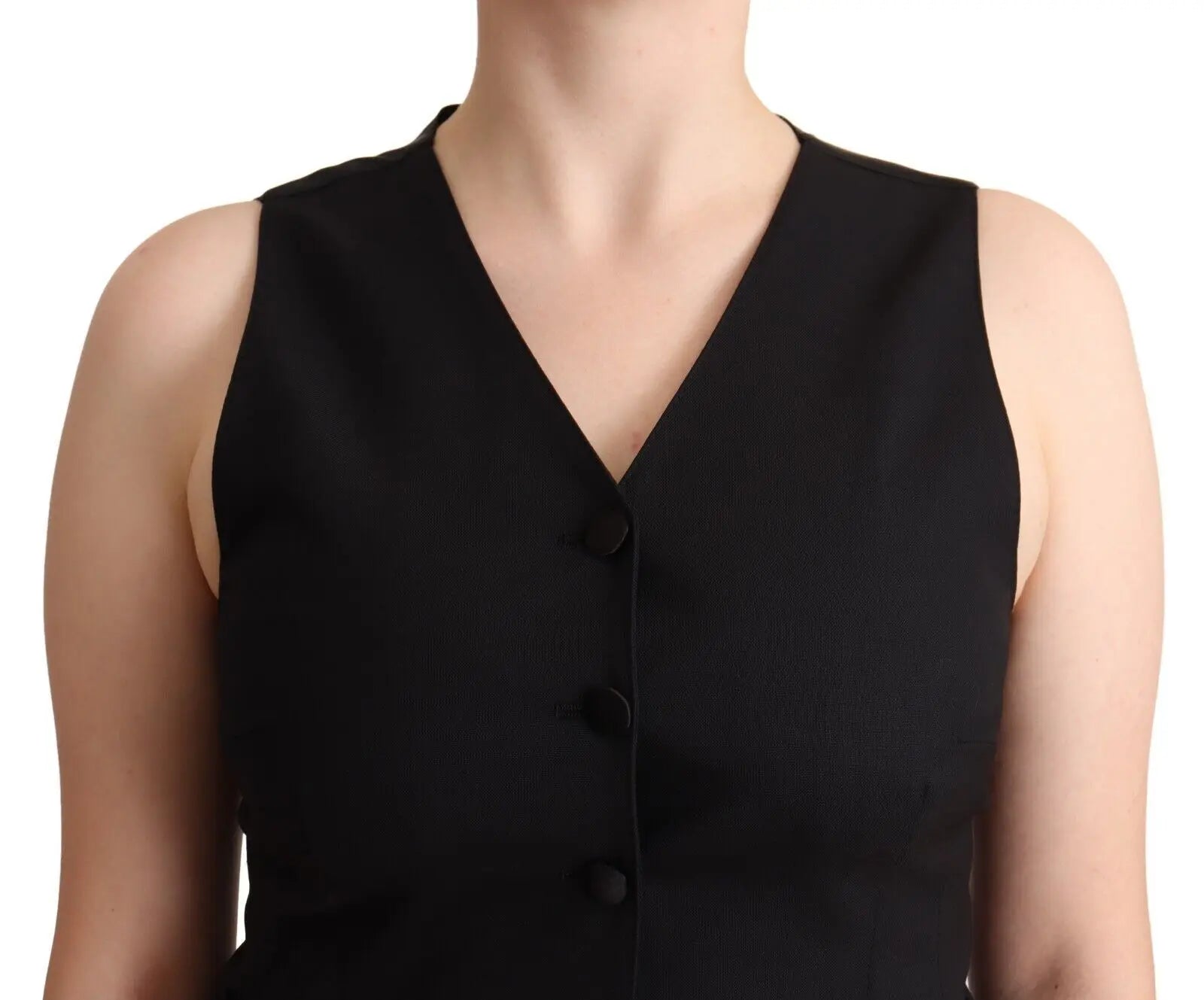 Black sleeveless button-down vest top with a V-neck and front pockets.