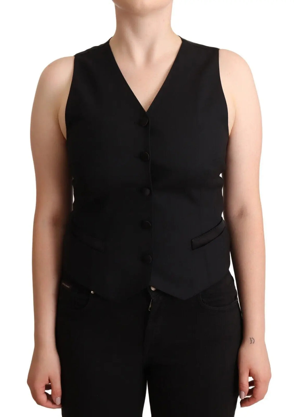 Black sleeveless button-down vest top with a V-neck and front pockets.