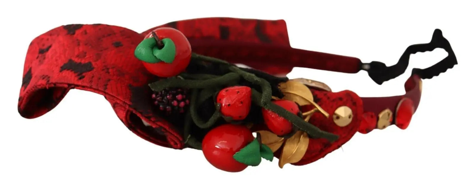 Red fabric headband adorned with crystal-embellished berry and bow details.