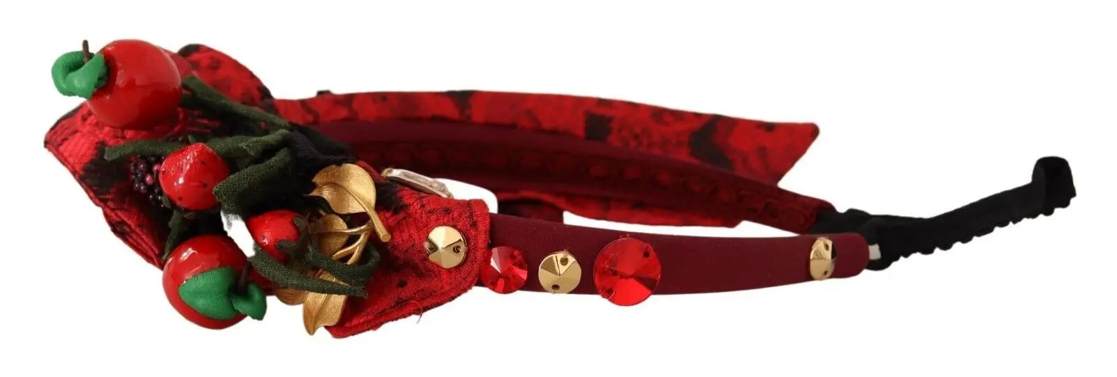 Red fabric headband adorned with crystal-embellished berry and bow details.