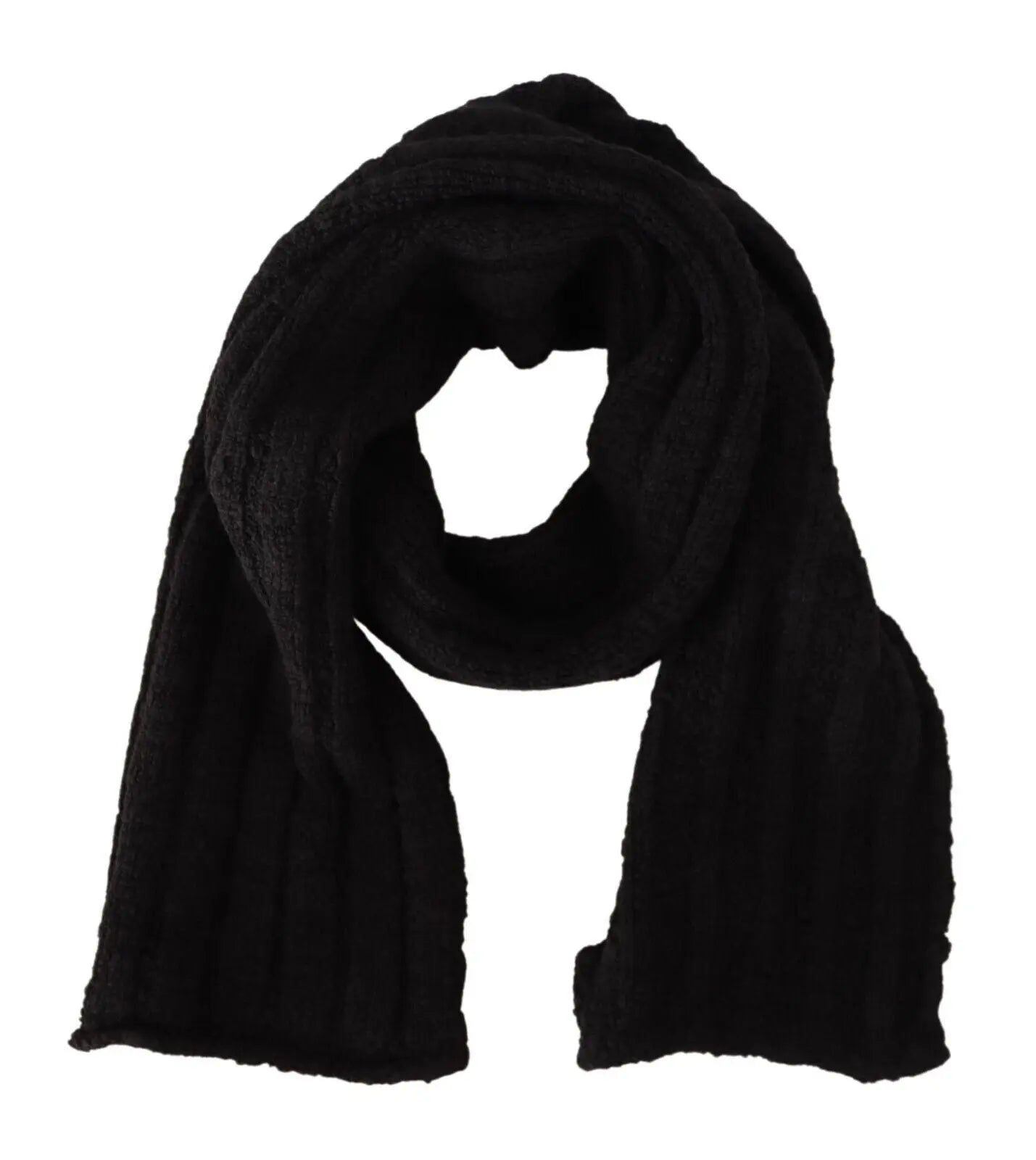 Black knitted virgin wool shawl scarf with ribbed texture and soft, warm finish.
