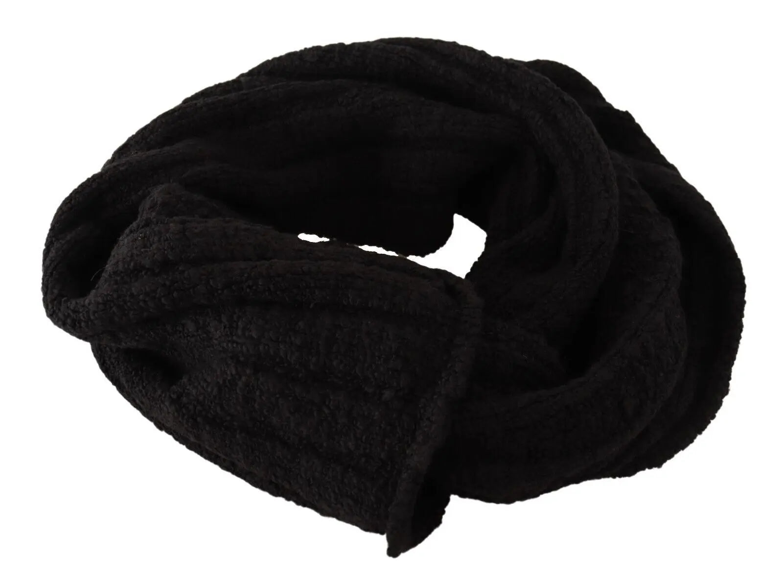 Black knitted virgin wool shawl scarf with ribbed texture and soft, warm finish.