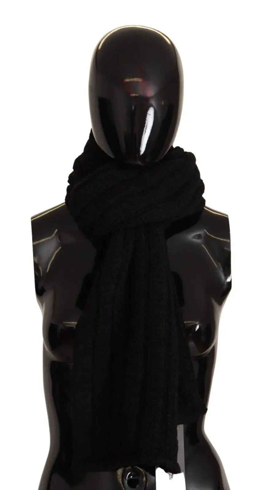 Black knitted virgin wool shawl scarf with ribbed texture and soft, warm finish.