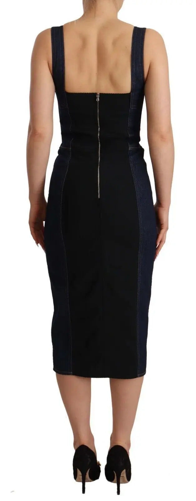 Dark blue sleeveless cotton-blend denim sheath midi dress with fitted silhouette and sweetheart neckline.