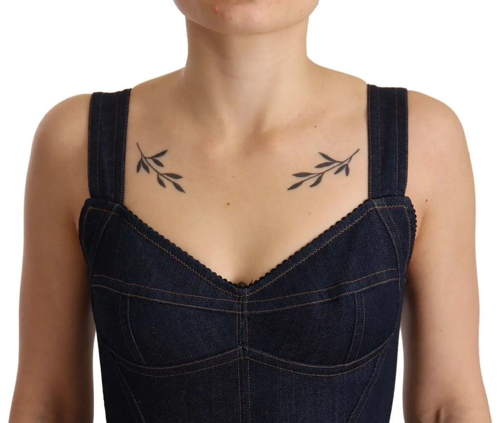 Dark blue sleeveless cotton-blend denim sheath midi dress with fitted silhouette and sweetheart neckline.