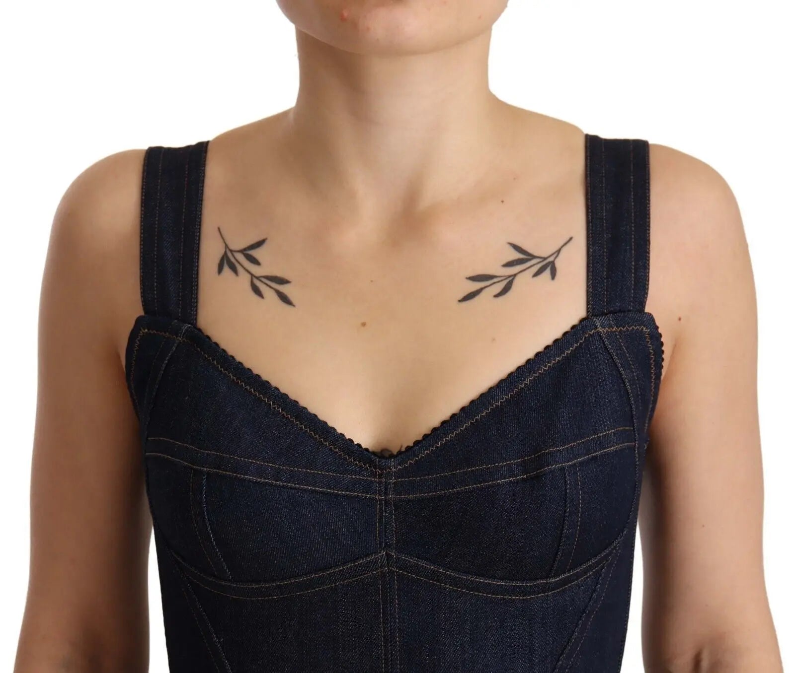 Dark blue sleeveless cotton-blend denim sheath midi dress with fitted silhouette and sweetheart neckline.