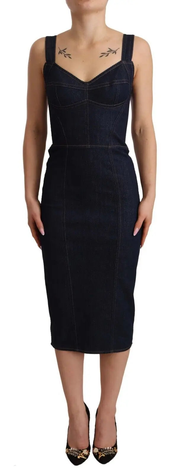 Dark blue sleeveless cotton-blend denim sheath midi dress with fitted silhouette and sweetheart neckline.