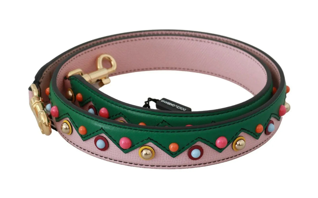 Pink and green leather shoulder strap with gold-tone studs and clasps.