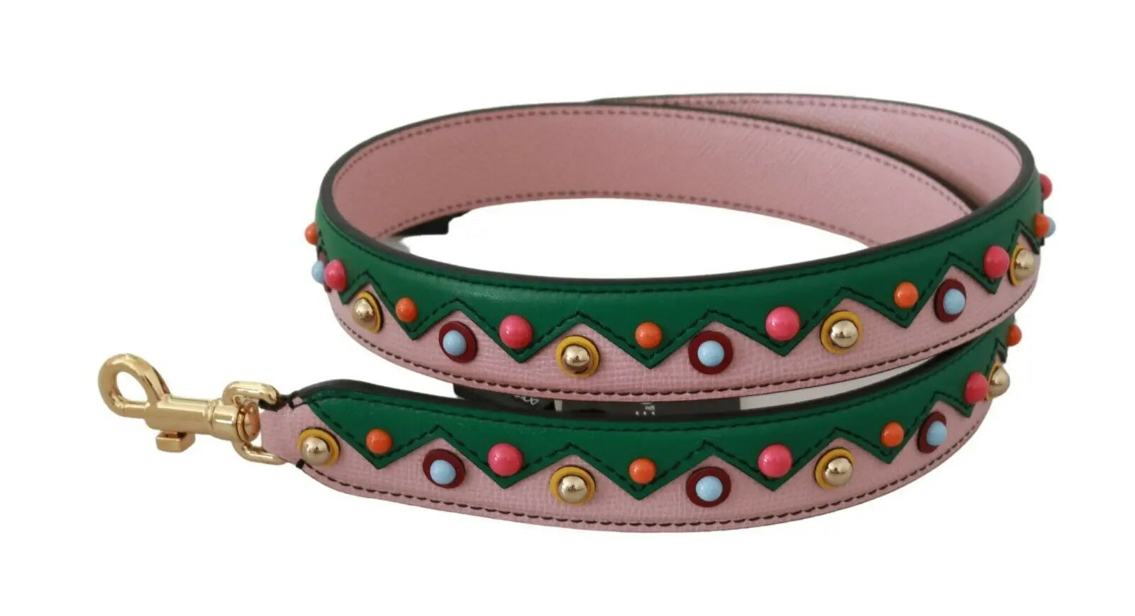 Pink and green leather shoulder strap with gold-tone studs and clasps.
