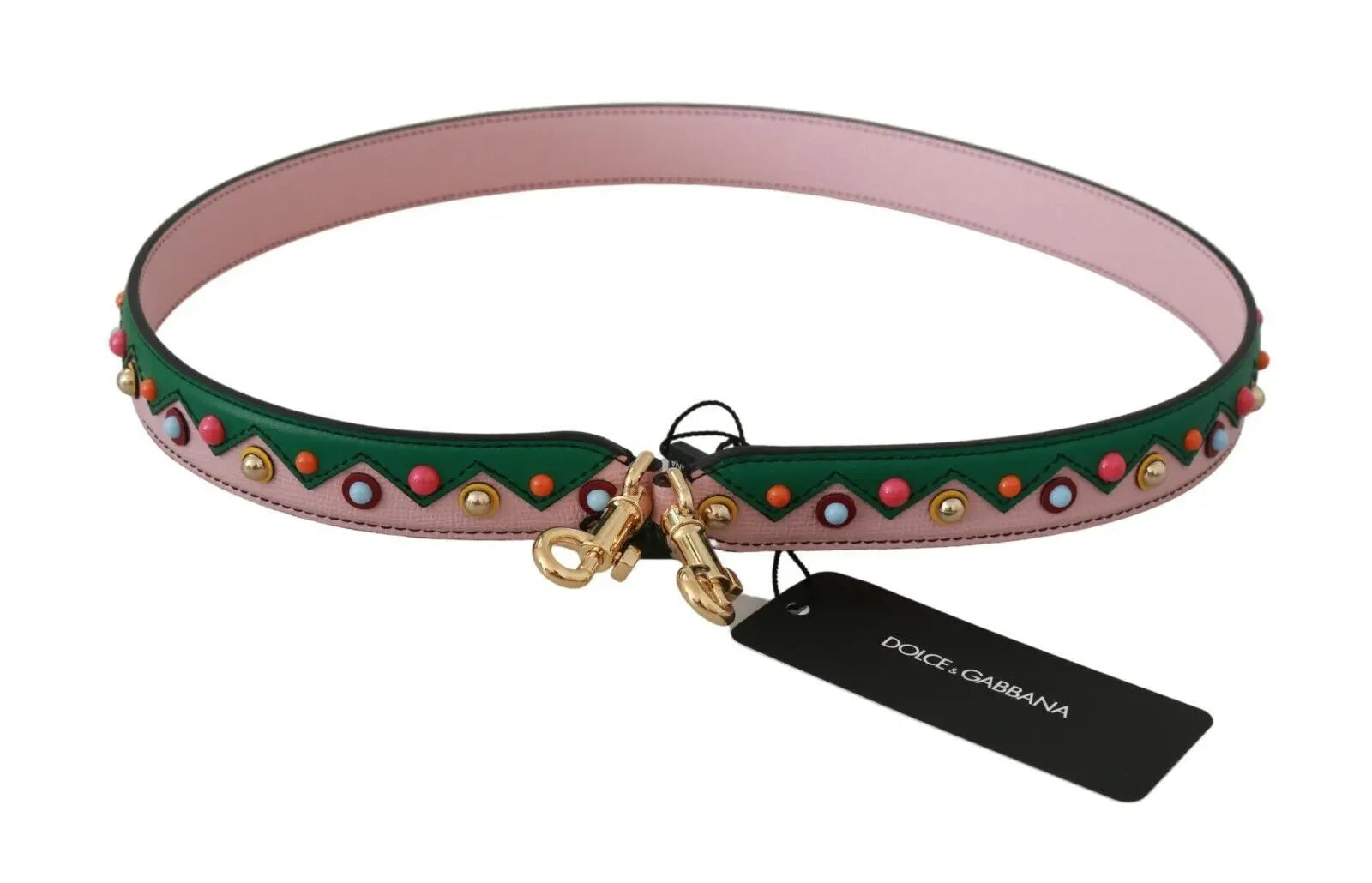 Pink and green leather shoulder strap with gold-tone studs and clasps.