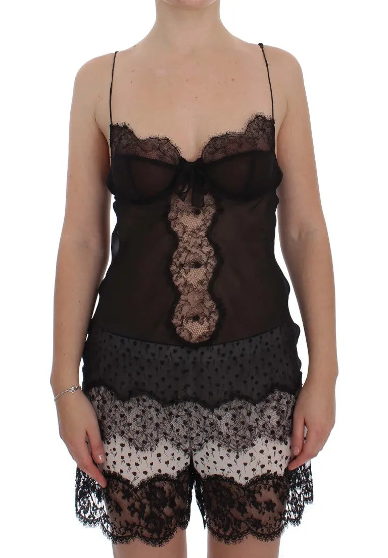 Black silk babydoll lingerie top with lace trim and scalloped hem, sheer fabric, and thin spaghetti straps.